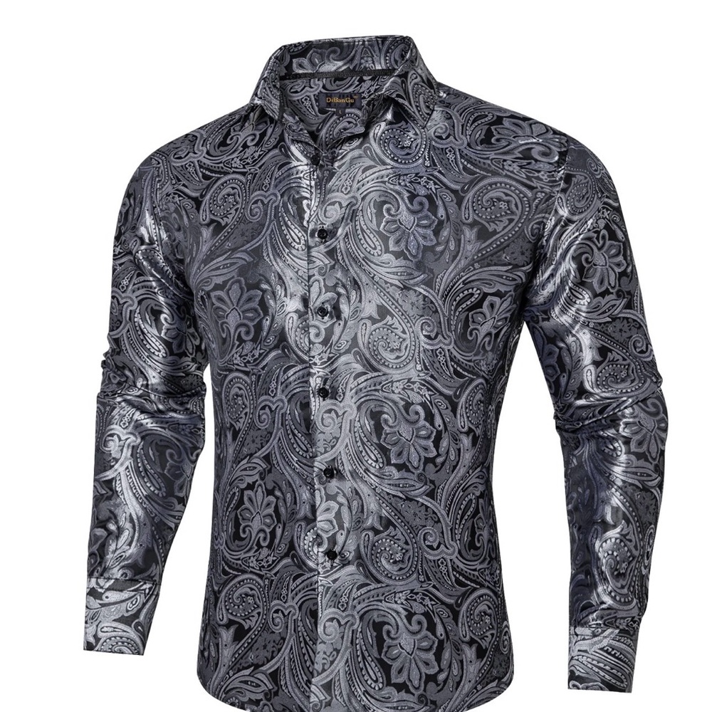 DiBanGu Shirts for Men Grey Silver Floral Silk Men's Long Sleeve Shirt Size S